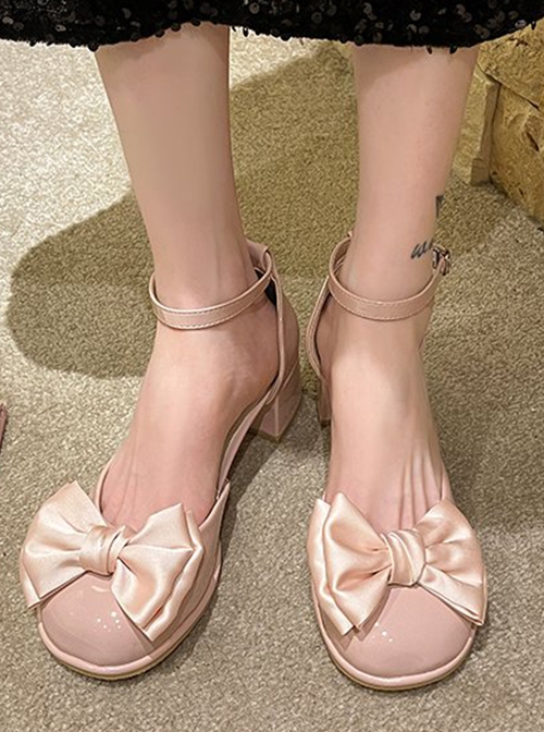 Fairy Style Summer Elegant French Romance Versatile PU Sweet Lolita Bowknot Cap Toe Mid Heel Sandals Shoes