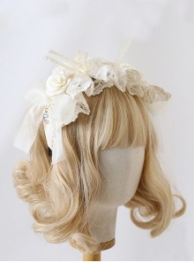 Versatile Gorgeous Elegant Handmade Apricot Satin Rose Lace Mesh Yarn Ribbon Bowknot Classic Lolita Headband