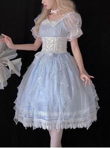 Mermaid Princess Series Flower Wedding Aqua Blue Dreamy Pearl Mesh Yarn Exquisite Sweet Lolita Puff Sleeves Dress