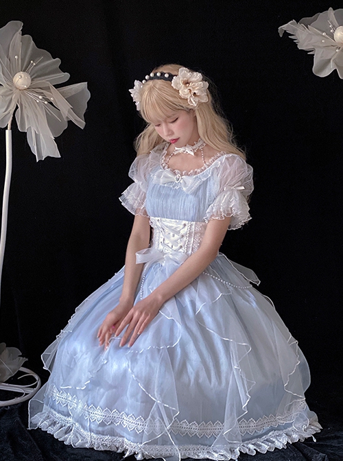 Mermaid Princess Series Flower Wedding Aqua Blue Dreamy Pearl Mesh Yarn Exquisite Sweet Lolita Puff Sleeves Dress