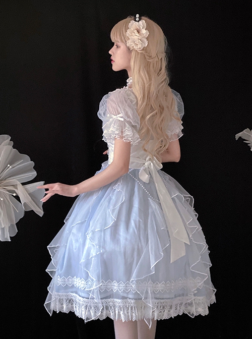 Mermaid Princess Series Flower Wedding Aqua Blue Dreamy Pearl Mesh Yarn Exquisite Sweet Lolita Puff Sleeves Dress