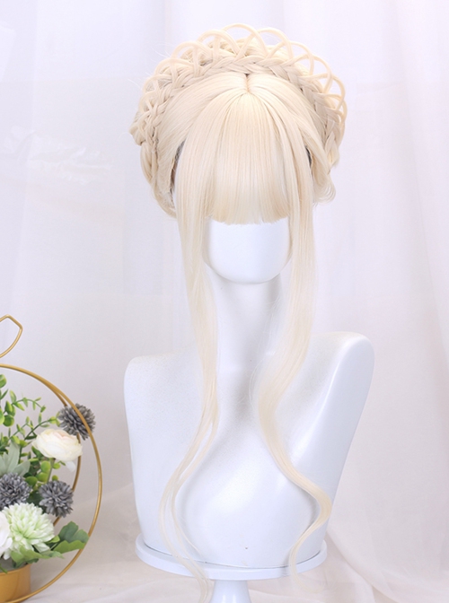 Milk Puff Series Light Blonde Long Curly Hair Noble Lady Hairstyle Flower Bead Chain Hair Accessory Classic Lolita Wig Set