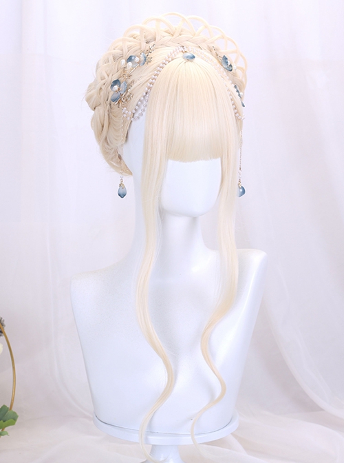 Milk Puff Series Light Blonde Long Curly Hair Noble Lady Hairstyle Flower Bead Chain Hair Accessory Classic Lolita Wig Set