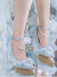 Dreamy Ice Blue Flower Wedding Handmade Mesh Yarn Bowknot Pearl Eternal Flower Classic Lolita Stiletto Heels Shoes