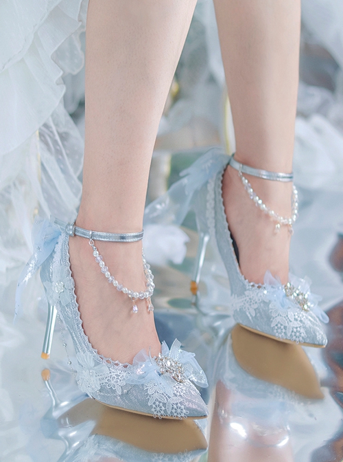 Dreamy Ice Blue Flower Wedding Handmade Mesh Yarn Bowknot Pearl Eternal Flower Classic Lolita Stiletto Heels Shoes