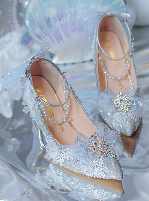 Dreamy Ice Blue Flower Wedding Handmade Mesh Yarn Bowknot Pearl Eternal Flower Classic Lolita Stiletto Heels Shoes