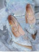 Dreamy Ice Blue Flower Wedding Handmade Mesh Yarn Bowknot Pearl Eternal Flower Classic Lolita Stiletto Heels Shoes