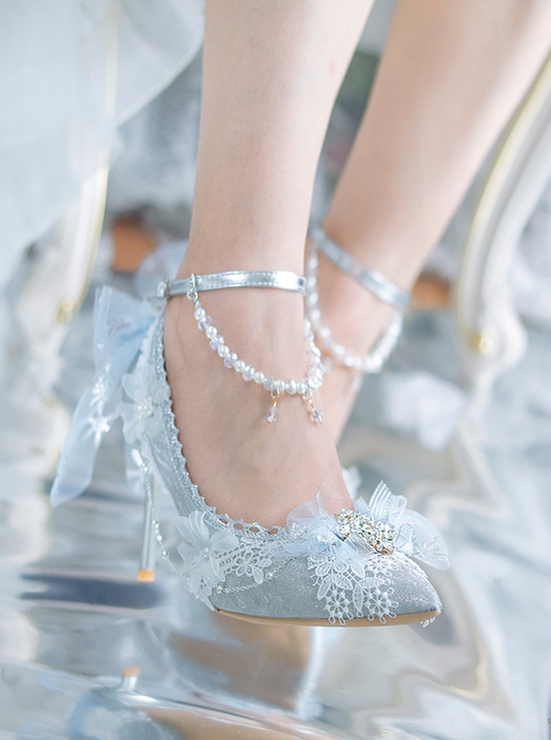 Dreamy Ice Blue Flower Wedding Handmade Mesh Yarn Bowknot Pearl Eternal Flower Classic Lolita Stiletto Heels Shoes