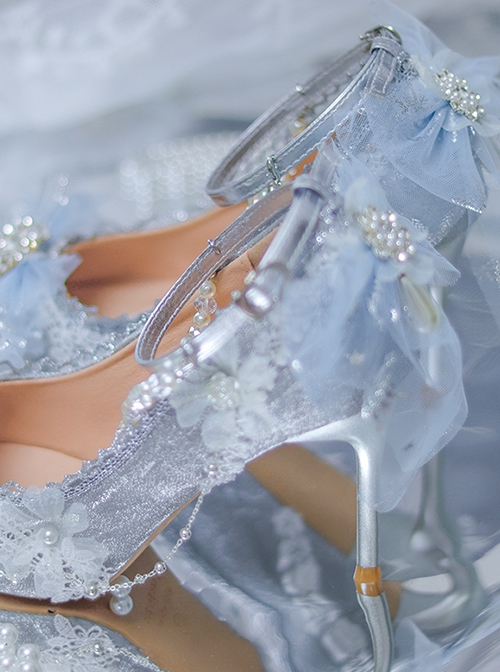 Dreamy Ice Blue Flower Wedding Handmade Mesh Yarn Bowknot Pearl Eternal Flower Classic Lolita Stiletto Heels Shoes