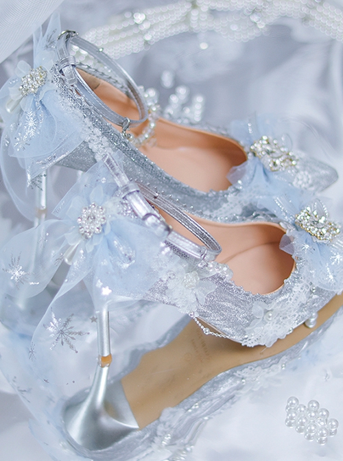 Dreamy Ice Blue Flower Wedding Handmade Mesh Yarn Bowknot Pearl Eternal Flower Classic Lolita Stiletto Heels Shoes