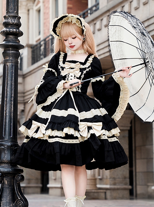 Seventh Night Chapter Series Black Apricot Ruffled Square Collar Ribbon Lace Soft Cotton Doll Classic Lolita Puff Sleeves Dress Six Set