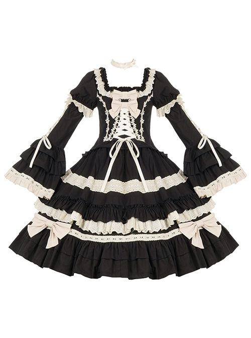 Seventh Night Chapter Series Black Apricot Ruffled Square Collar Ribbon Lace Soft Cotton Doll Classic Lolita Puff Sleeves Dress Six Set