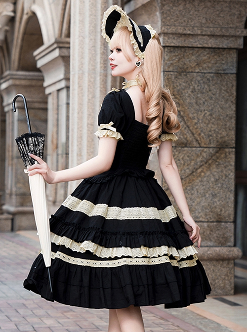 Seventh Night Chapter Series Black Apricot Ruffled Square Collar Ribbon Lace Soft Cotton Doll Classic Lolita Puff Sleeves Dress Six Set