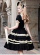 Seventh Night Chapter Series Black Apricot Ruffled Square Collar Ribbon Lace Soft Cotton Doll Classic Lolita Puff Sleeves Dress Six Set