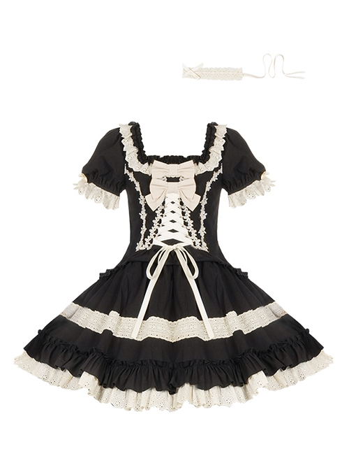 Seventh Night Chapter Series Black Apricot Ruffled Square Collar Ribbon Lace Soft Cotton Doll Classic Lolita Puff Sleeves Dress Six Set