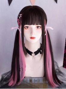 Landmine Girl Subculture Twin Ponytails Cool Black Pink Highlights Long Straight Hair Flat Bangs Sweet Lolita Full Head Wig