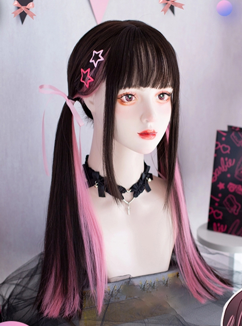 Landmine Girl Subculture Twin Ponytails Cool Black Pink Highlights Long Straight Hair Flat Bangs Sweet Lolita Full Head Wig