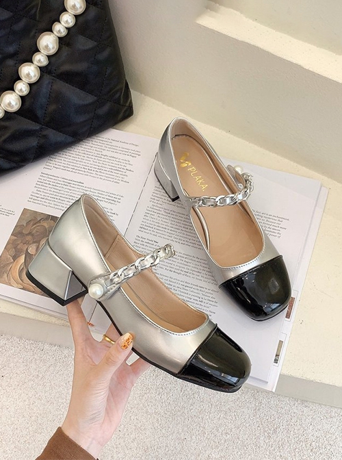 Retro Daily Versatile Elegant Lady Style Black Toe Cap Mary Jane Metal Buckle Classic Lolita Thick Heel Leather Shoes