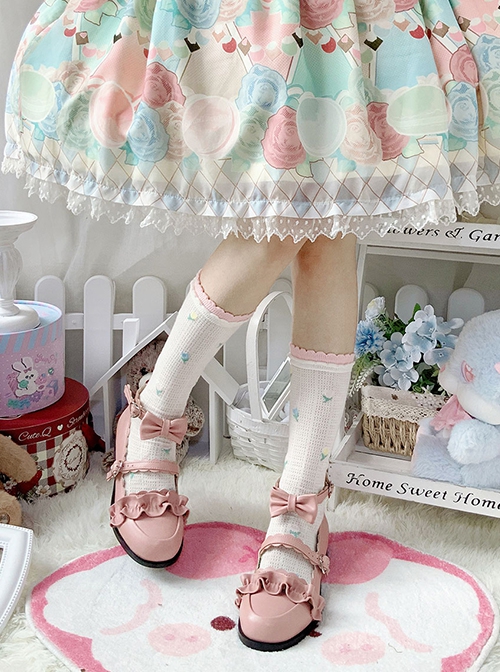 Merulu Series Japanese Style Daily Versatile Lace Ruffles Flower Trim Bowknot Girl Cute Sweet Lolita Shoes