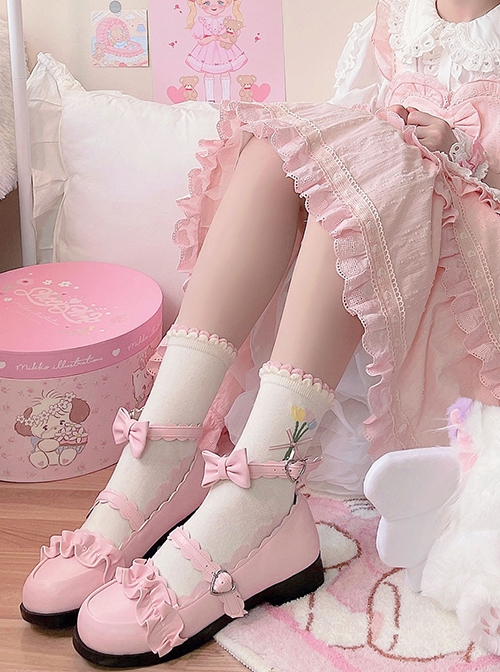 Merulu Series Japanese Style Daily Versatile Lace Ruffles Flower Trim Bowknot Girl Cute Sweet Lolita Shoes