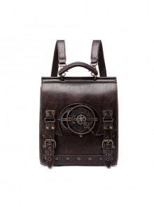 Brown Industrial Retro Adventure Bronze Gear Clock Dial Metal Button Rivets Steampunk Style Women Backpack