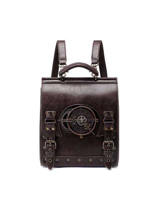 Brown Industrial Retro Adventure Bronze Gear Clock Dial Metal Button Rivets Steampunk Style Women Backpack