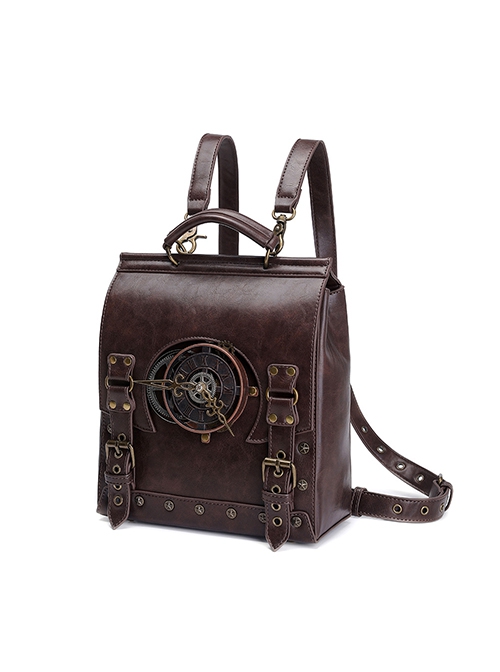 Brown Industrial Retro Adventure Bronze Gear Clock Dial Metal Button Rivets Steampunk Style Women Backpack