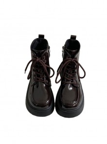 College British Style Glossy Patent Leather Daily Commute Lace Up Round Head School Lolita Platform Martin Boots