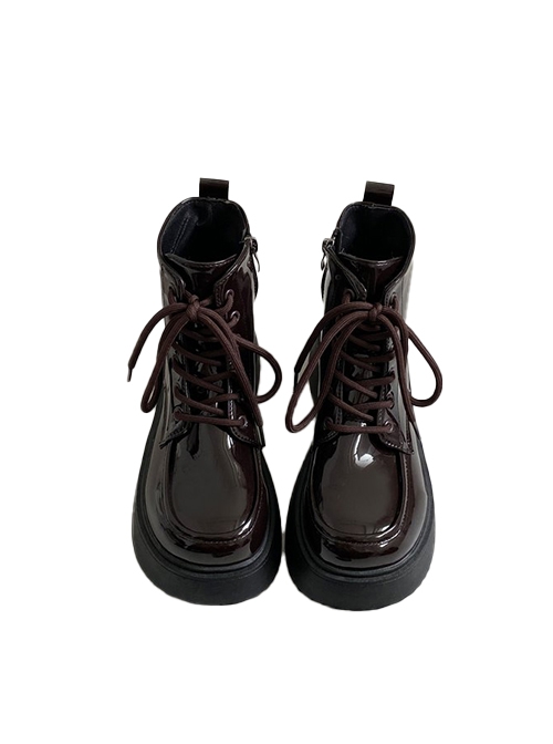 College British Style Glossy Patent Leather Daily Commute Lace Up Round Head School Lolita Platform Martin Boots