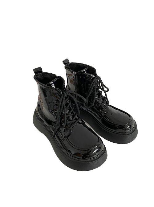 College British Style Glossy Patent Leather Daily Commute Lace Up Round Head School Lolita Platform Martin Boots