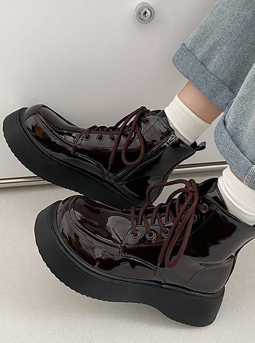 College British Style Glossy Patent Leather Daily Commute Lace Up Round Head School Lolita Platform Martin Boots