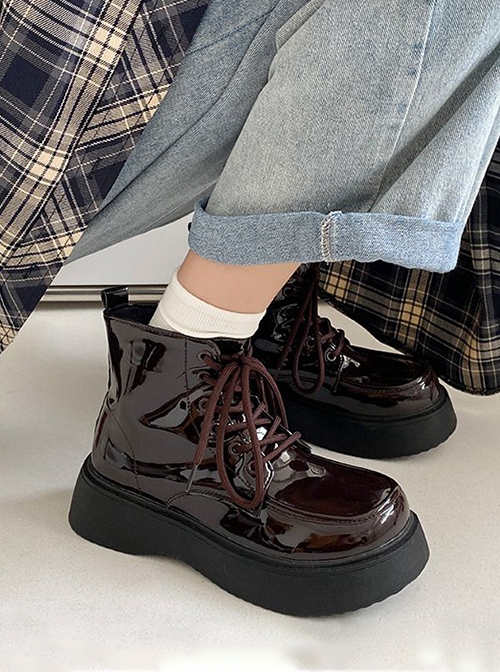 College British Style Glossy Patent Leather Daily Commute Lace Up Round Head School Lolita Platform Martin Boots