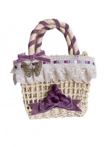 Loire Vineyards Series Elegant Lace Purple Ribbon Bowknot Butterfly Pendant 3D Grape Classic Lolita Crossbody Rattan Handbag