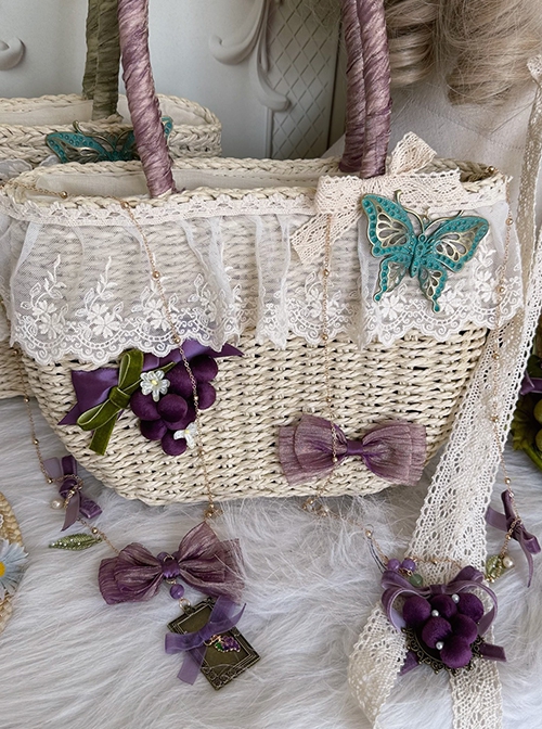 Loire Vineyards Series Elegant Lace Purple Ribbon Bowknot Butterfly Pendant 3D Grape Classic Lolita Crossbody Rattan Handbag