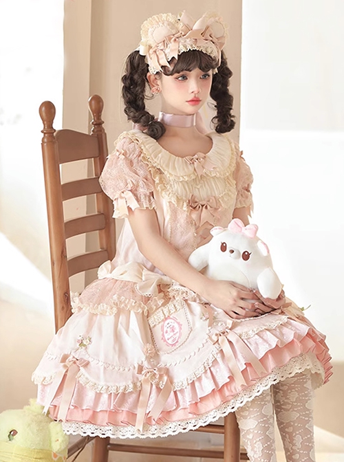 Little Bear Baby Series Summer Low Waist Gorgeous Embroidery Polka Dots Doll Collar Ribbon Bowknot Cute Sweet Lolita Dress Headband Set