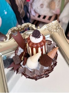 Simulation Cute Pudding Ice Cream Platter Chocolate Cake Brown Checkered Bowknot Sweet Lolita Hair Accessory Hairpin
