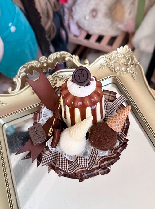 Simulation Cute Pudding Ice Cream Platter Chocolate Cake Brown Checkered Bowknot Sweet Lolita Hair Accessory Hairpin