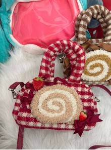 Kawaii Soft Plush Fruit Cake Roll Dessert Bowknot Cute Sweet Lolita Girl Zipper Plaid Crossbody Handbag