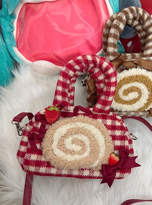 Kawaii Soft Plush Fruit Cake Roll Dessert Bowknot Cute Sweet Lolita Girl Zipper Plaid Crossbody Handbag