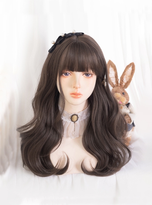 Japanese Style Fluffy Daily Commute Flat Bangs Brown Big Wavy Curls Sweet Lolita Full Head Wig