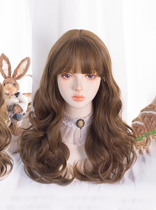 Japanese Style Fluffy Daily Commute Flat Bangs Brown Big Wavy Curls Sweet Lolita Full Head Wig