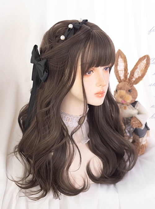 Japanese Style Fluffy Daily Commute Flat Bangs Brown Big Wavy Curls Sweet Lolita Full Head Wig