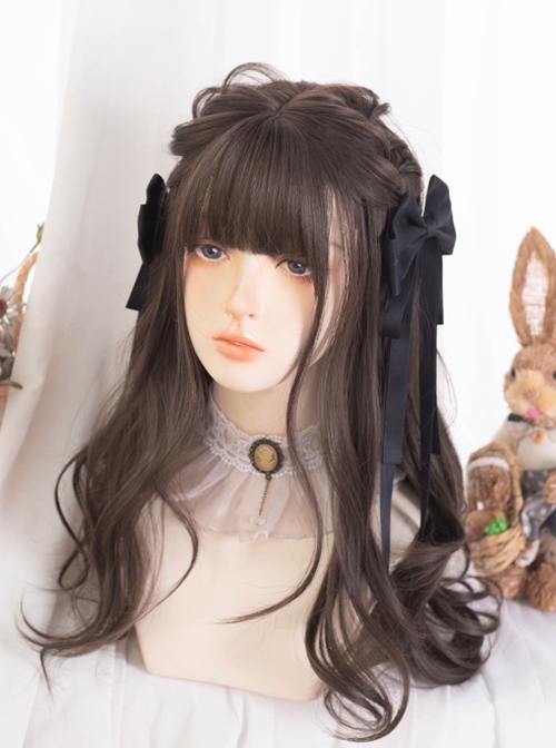 Japanese Style Fluffy Daily Commute Flat Bangs Brown Big Wavy Curls Sweet Lolita Full Head Wig