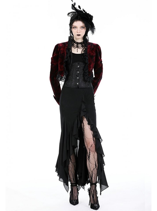 Gothic Style Elegant Retro Red Velvet Black Dark Pattern Lace Embellished Long Sleeve Short Cape