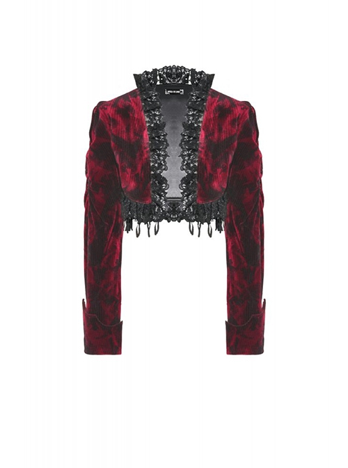 Gothic Style Elegant Retro Red Velvet Black Dark Pattern Lace Embellished Long Sleeve Short Cape