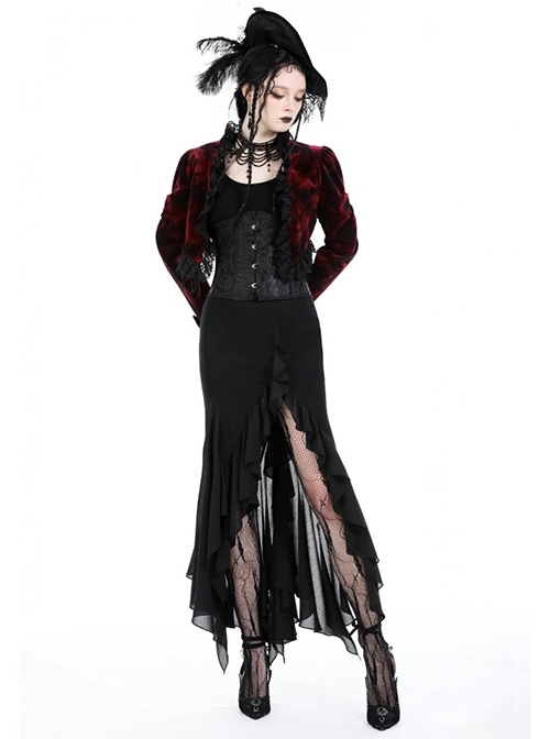 Gothic Style Elegant Retro Red Velvet Black Dark Pattern Lace Embellished Long Sleeve Short Cape