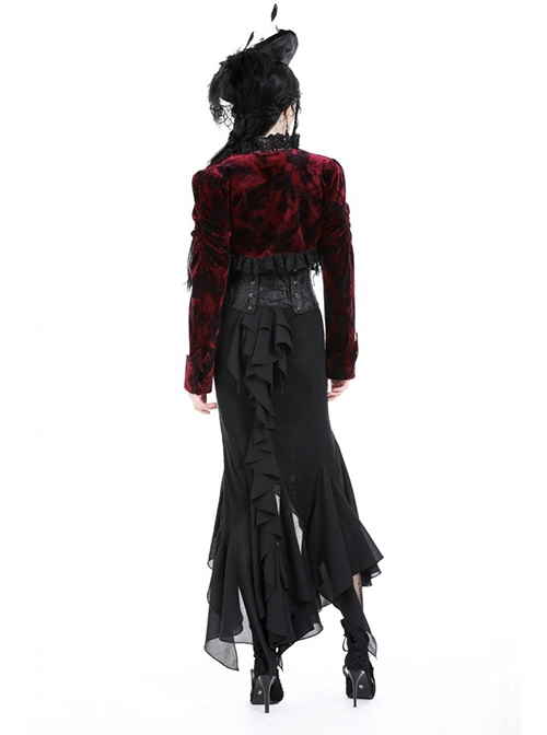 Gothic Style Elegant Retro Red Velvet Black Dark Pattern Lace Embellished Long Sleeve Short Cape