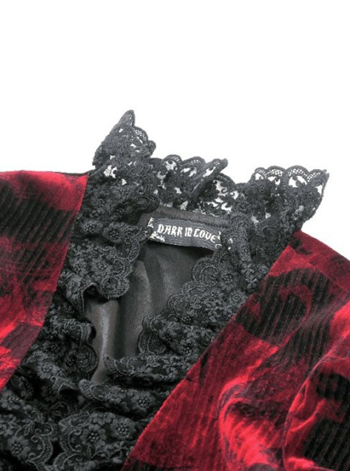 Gothic Style Elegant Retro Red Velvet Black Dark Pattern Lace Embellished Long Sleeve Short Cape