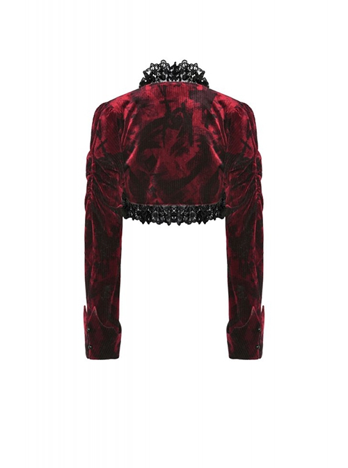 Gothic Style Elegant Retro Red Velvet Black Dark Pattern Lace Embellished Long Sleeve Short Cape