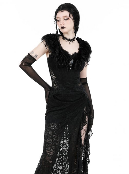 Gothic Style Gorgeous Retro Black Plush Tassel Silver Gemstone Pendant Decorative Shawl
